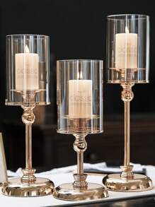 1 pieza Juego de decoración de candelabro de vidrio soñador para cena romántica a la luz de las velas en la sala de estar o restaurante, que incluye portavelas de tamaño grande, mediano y pequeño, decoración del hogar y regalo para Año Nuevo - Dorado - Ver 3