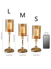 1 pieza Juego de decoración de candelabro de vidrio soñador para cena romántica a la luz de las velas en la sala de estar o restaurante, que incluye portavelas de tamaño grande, mediano y pequeño, decoración del hogar y regalo para Año Nuevo - Dorado - Ver 5