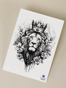 1入組黑色獅子頭皇冠&花卉圖案臨時紋身貼適用於&身體 - 黑色 - 查看 5