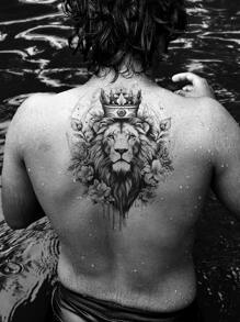 1入組黑色獅子頭皇冠&花卉圖案臨時紋身貼適用於&身體 - 黑色 - 查看 1