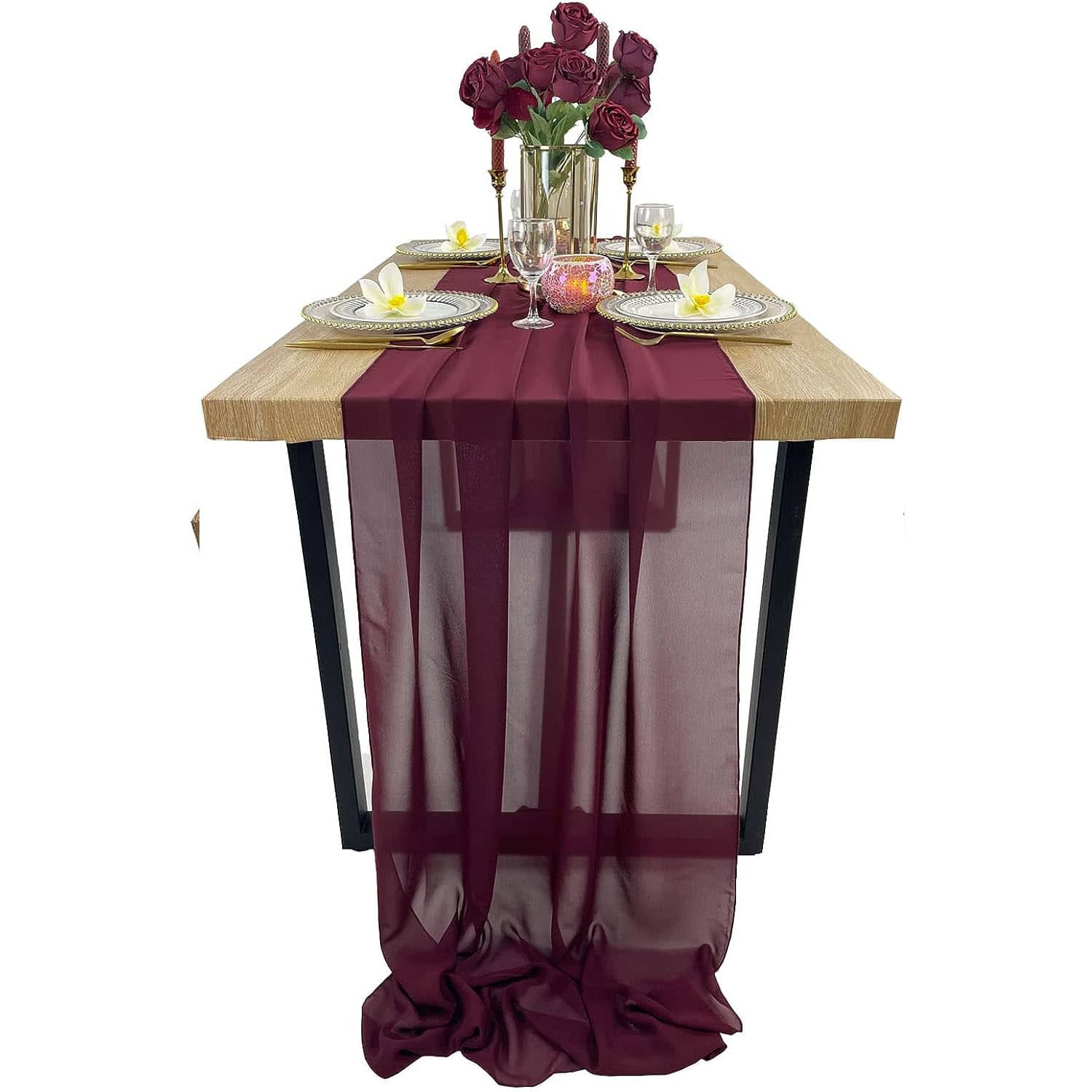 1 pieza Camino de mesa de gasa color vino tinto, decoración de fiesta