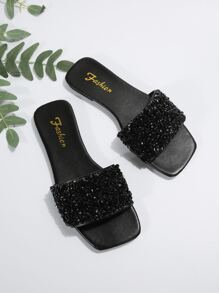 Women's Plus Size Flat Sandals, Vacation Style, Summer, Casual, Versatile, Outdoor Wear, Jewel Embellished Slides