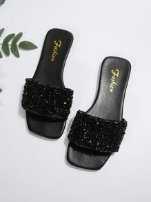 Women's Plus Size Flat Sandals, Vacation Style, Summer, Casual, Versatile, Outdoor Wear, Jewel Embellished Slides