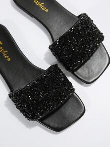 Women's Plus Size Flat Sandals, Vacation Style, Summer, Casual, Versatile, Outdoor Wear, Jewel Embellished Slides