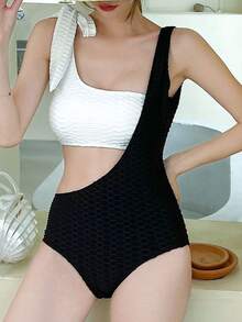 Damen Badeanzug in Schwarz und Weiß Farbblock, simpler High Waist schlanker Einteiler, sexy rückenfreier Badebekleidung für Strand, Therme und Urlaub - Schwarz und Weiss - Übersicht 2