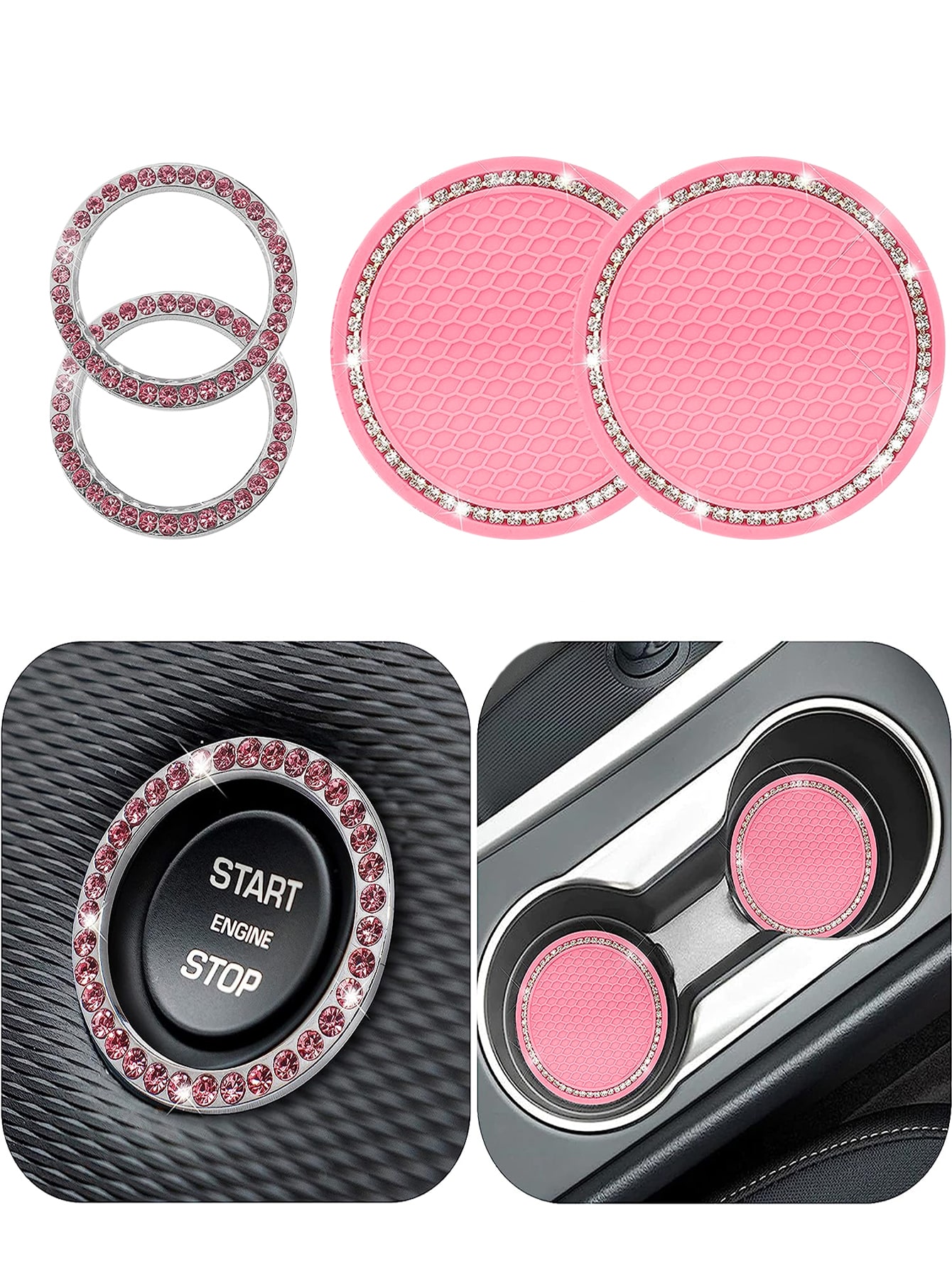 1pair Car Cup Holder Mats And 2pcs One-key Engine Start Button Decorative Rings