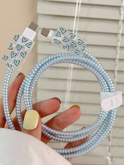 3pcs/Set Usb Cable Protector Set: Charging Cable Protector*2 + 1.4m Cord Winder*1 Charger Protector