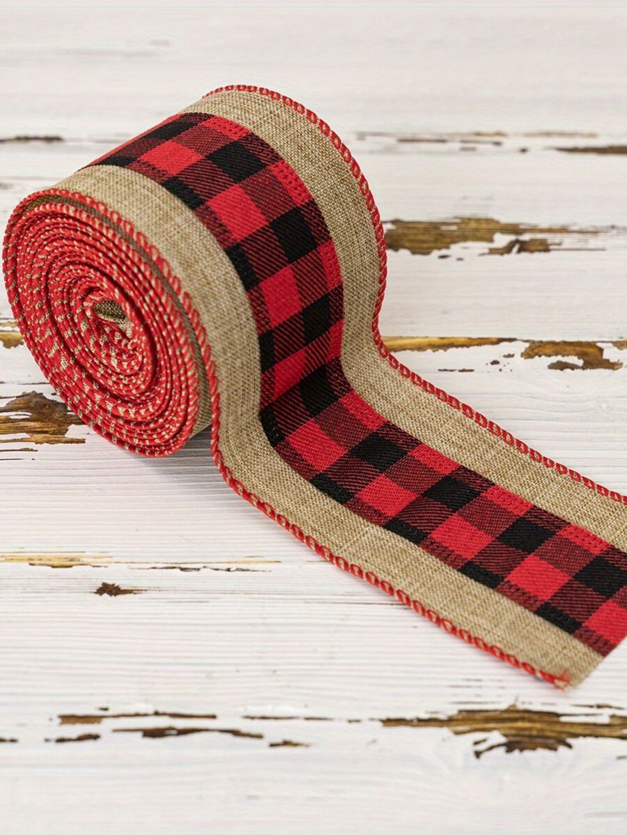 1 Roll Of 6.3cm Christmas Style Imitation Burlap Grid Ribbon - Multicolor - View 1