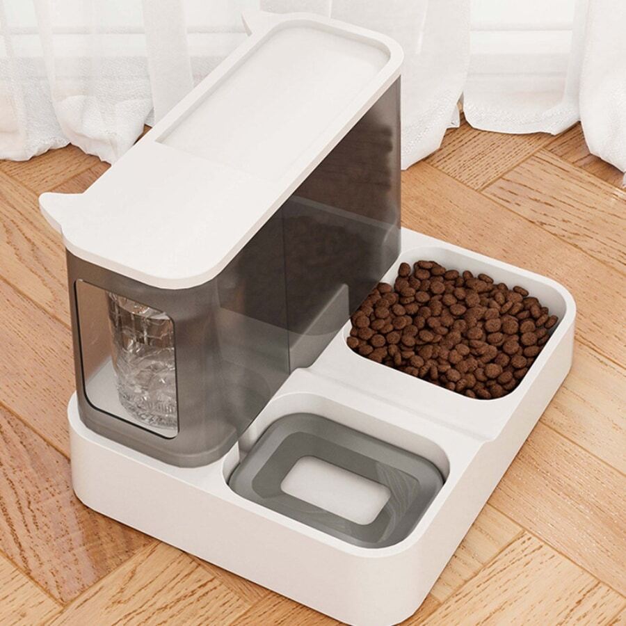 1 pieza Alimentador automático de mascotas & Dispensador de agua con de gran capacidad Cuenco para gatos con fluido agua diseño para perros con gatos , prevención boca - Gris - Ver 1