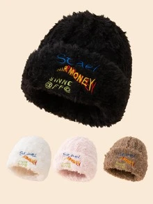 1入組中性 Ins 風格厚毛絨保暖帽，帶拼接顏色和字母裝飾，適合約會、新年、滑雪、攝影等 - 咖啡棕 - 查看 1