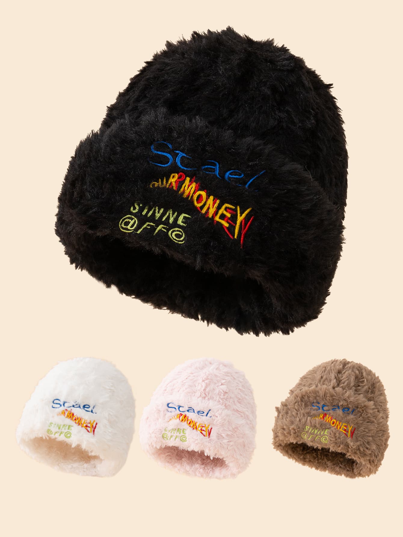 1入組中性 Ins 風格厚毛絨保暖帽，帶拼接顏色和字母裝飾，適合約會、新年、滑雪、攝影等 - 咖啡棕 - 查看 1