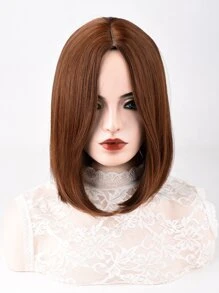 Peluca de una pieza para mujer, sin flequillo en el medio, pelo corto castaño claro, corte central de 12 pulgadas, peluca sintética sin flequillo, uso diario, simulación de seda natural esponjosa de alta temperatura - Marrón - Ver 2