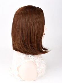 Peluca de una pieza para mujer, sin flequillo en el medio, pelo corto castaño claro, corte central de 12 pulgadas, peluca sintética sin flequillo, uso diario, simulación de seda natural esponjosa de alta temperatura - Marrón - Ver 4