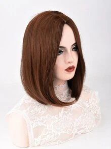 Peluca de una pieza para mujer, sin flequillo en el medio, pelo corto castaño claro, corte central de 12 pulgadas, peluca sintética sin flequillo, uso diario, simulación de seda natural esponjosa de alta temperatura - Marrón - Ver 3