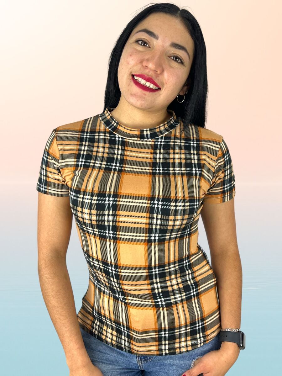 Blusa mangas cortas tela brush full print - Camel - Ver 1