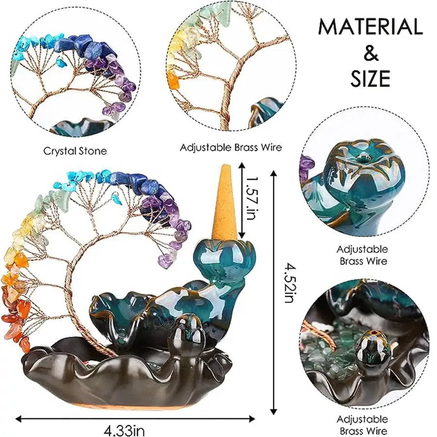 陶瓷玫瑰石英水晶树香炉，瀑布回流香架，适用于瑜伽、冥想和家居装饰、空气净化器，是送给妈妈的理想礼物 - 水晶樹彎曲款 - 查看 5