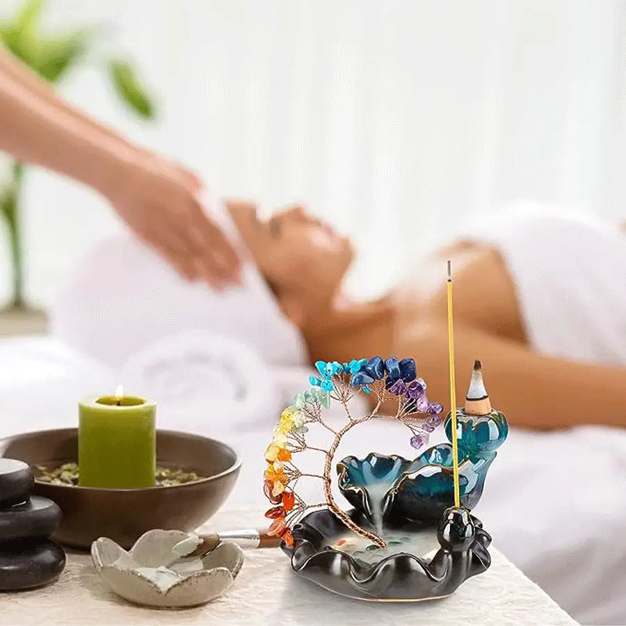 陶瓷玫瑰石英水晶树香炉，瀑布回流香架，适用于瑜伽、冥想和家居装饰、空气净化器，是送给妈妈的理想礼物 - 水晶樹彎曲款 - 查看 6