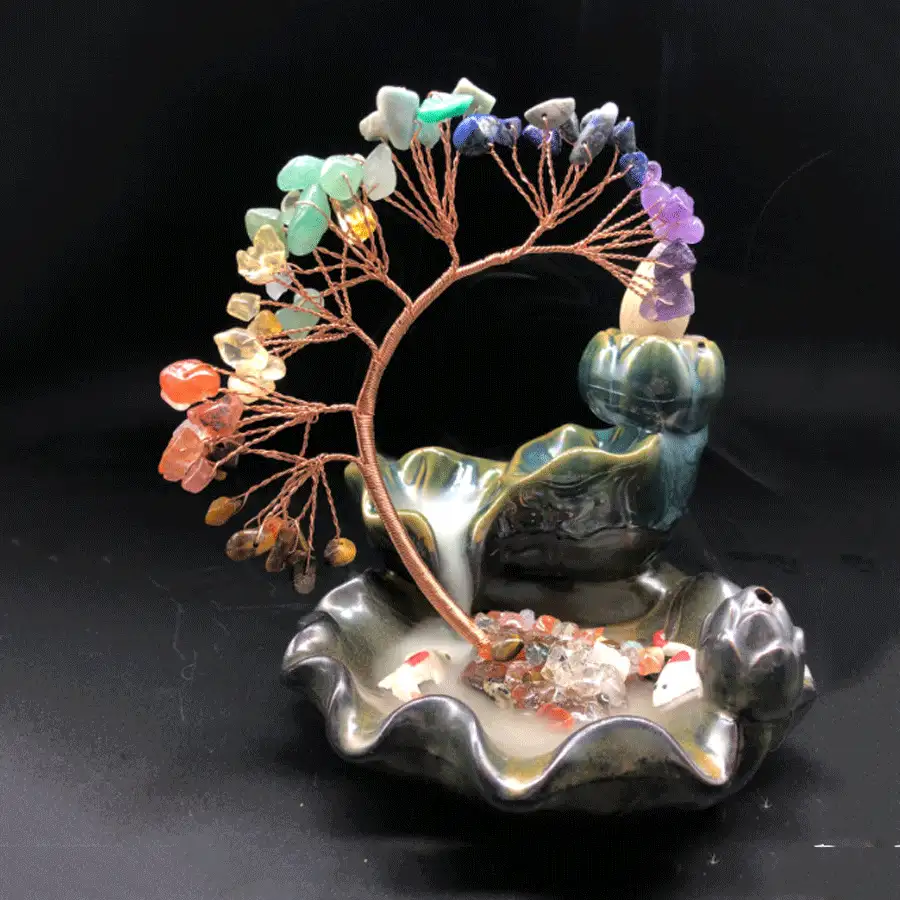 陶瓷玫瑰石英水晶树香炉，瀑布回流香架，适用于瑜伽、冥想和家居装饰、空气净化器，是送给妈妈的理想礼物 - 水晶樹彎曲款 - 查看 4