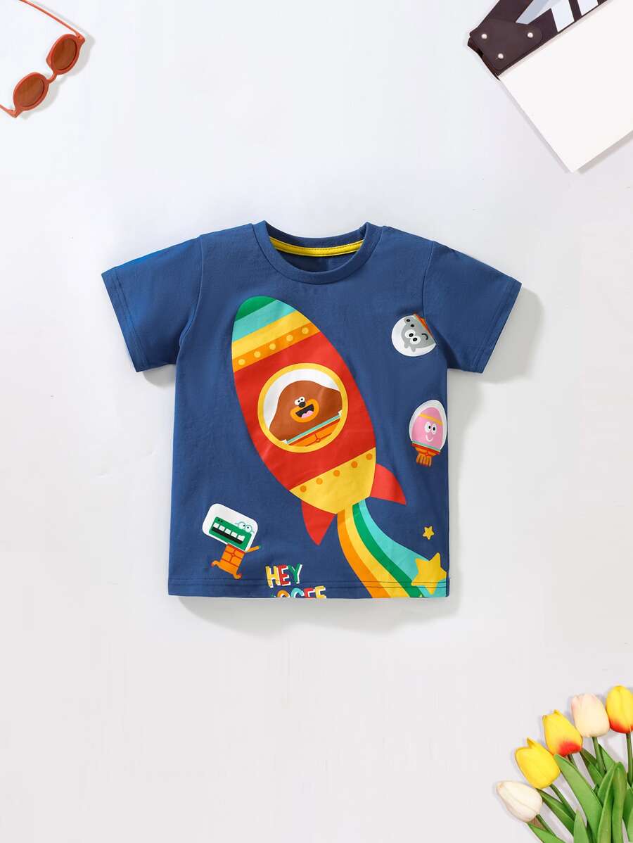 男童卡通图案短袖T恤，休闲夏季款 - 藏蓝色 - 查看 1