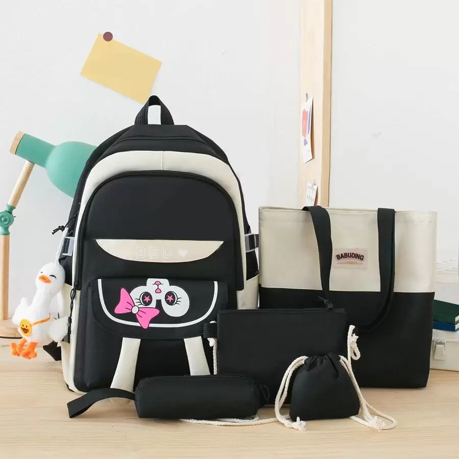 5pcs/set Large Capacity Backpack Suitable For Back To School, Daily Commute And Travel With Shoulder Bag - Black - View 1