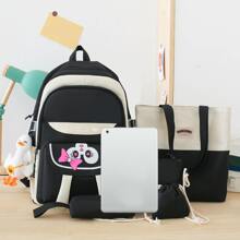 5pcs/set Large Capacity Backpack Suitable For Back To School, Daily Commute And Travel With Shoulder Bag - Black - View 4