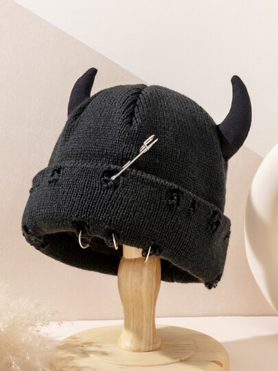 New Fashion Men's Knitted Hat With Personalized Horn Decoration, Retro Design, Street/Festival Style Unisex Warm Hat For Youth Halloween Beanie Fall Outfit