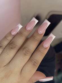 24pcs Cute Pink And White Square False Nails With French Tip, 1pc Nail File And 1pc Jelly Glue For Easy Application, Fashionable And Simple Design Press On Nails Nail Supplies - Multicolor - View 1