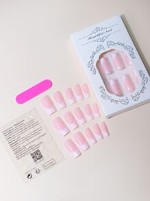 24pcs Cute Pink And White Square False Nails With French Tip, 1pc Nail File And 1pc Jelly Glue For Easy Application, Fashionable And Simple Design Press On Nails Nail Supplies - Multicolor - View 2