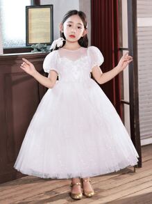 小女孩亮片短袖長裙派對婚禮花童伴娘生日鋼琴表演連衣裙