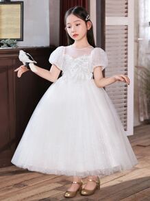 小女孩亮片短袖長裙派對婚禮花童伴娘生日鋼琴表演連衣裙