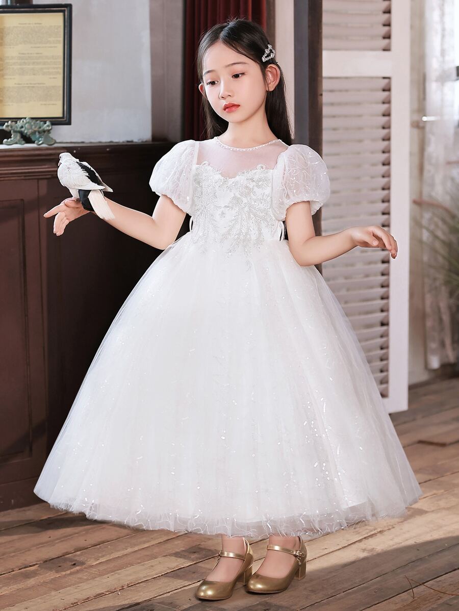 小女孩亮片短袖長裙派對婚禮花童伴娘生日鋼琴表演連衣裙