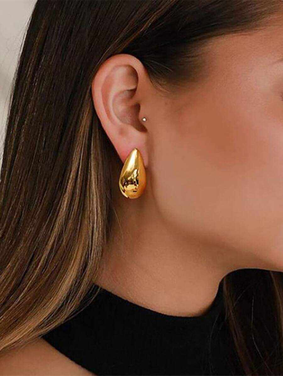 1pair Metallic Tear Drop Shape Earrings In Gold - Gold - View 1