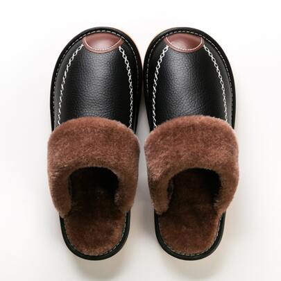 High-end Vintage Men's Oversized Slippers, Luxury Faux Leather Winter House Slippers, Elegant Trimmed Plush Slippers (plus Size Available)