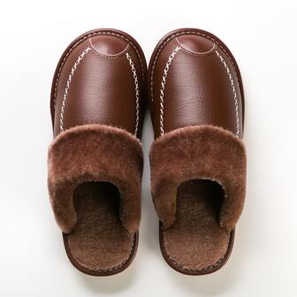 High-end Vintage Men's Oversized Slippers, Luxury Faux Leather Winter House Slippers With Elegant Trim, Plus Size