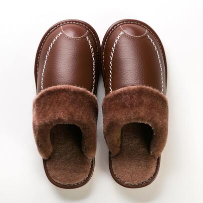 High-end Vintage Men's Oversized Slippers, Luxury Faux Leather Winter House Slippers With Elegant Trim, Plus Size