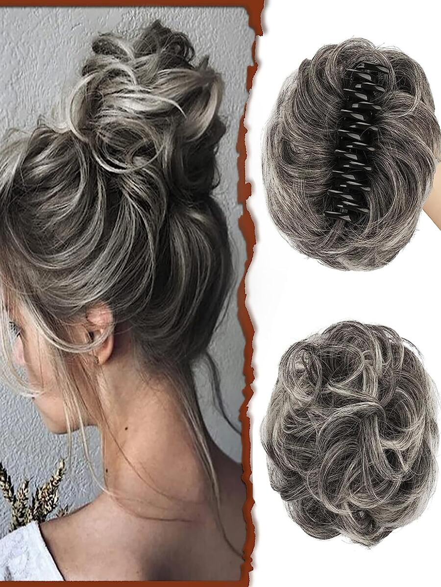 2/60a＃ 5.5英寸鉤環捲曲鬆散包子頭發型,鉤環辮子馬尾髮套,化學纖維凌亂蓬鬆捲曲髮型,65克,適用於女性 - 間色 - 查看 1