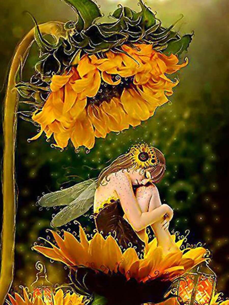 向日葵女孩diy鑽石繪畫家居裝飾手工吊墜,鑽石十字繡畫,適用於可愛卡通畫愛好者的禮物