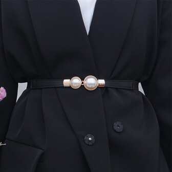 Elegant 1pc Ladies' Pearl Buckle Stretchy Thin Waist Belt, Suitable For Sweaters, Jackets And Dresses Summer, School Fall, Autumn, Halloween