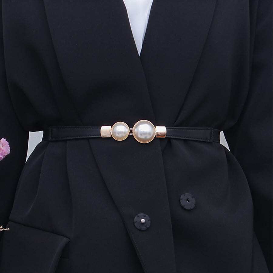 优雅的 1 件女士珍珠扣弹力细腰带，适合毛衣、夹克和连衣裙夏季、学校秋季、秋季、万圣节 - 黑色 - 查看 1