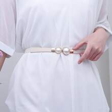 Elegant 1pc Ladies' Stretchy Pearl Button Closure Skinny Waist Belt, Can Match With Sweaters, Jackets Or Dresses Valentine's Day Summer, School Fall, Autumn, Halloween - White - View 3