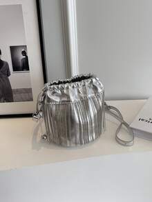1pc Fringe Decor Metallic Shimmer Drawstring Crossbody Bag - Silver - View 5
