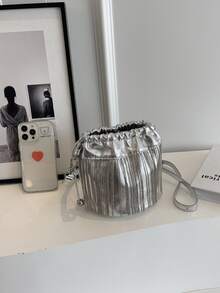 1pc Fringe Decor Metallic Shimmer Drawstring Crossbody Bag - Silver - View 4