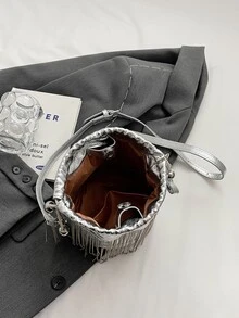 1pc Fringe Decor Metallic Shimmer Drawstring Crossbody Bag - Silver - View 2