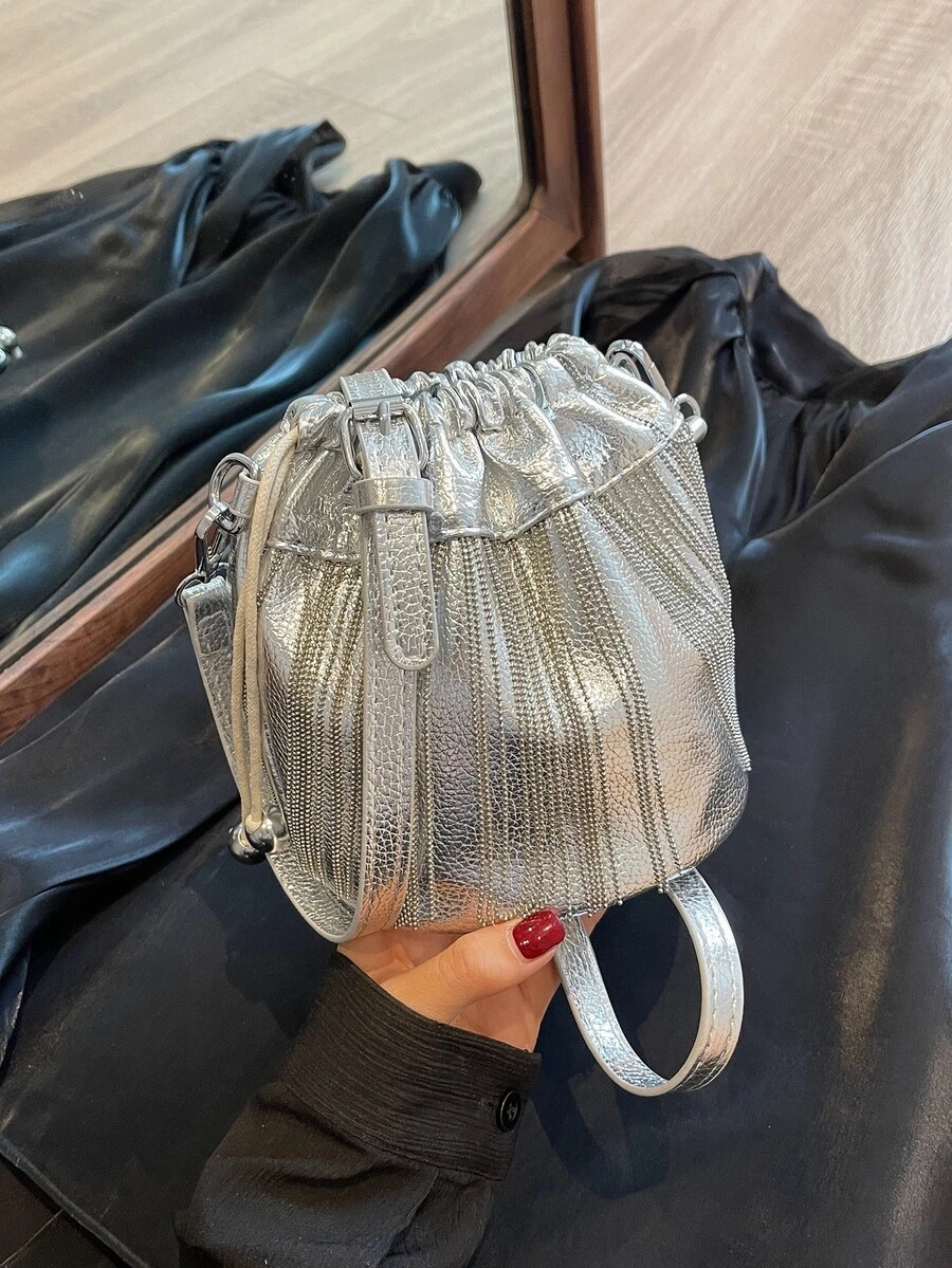 1pc Fringe Decor Metallic Shimmer Drawstring Crossbody Bag - Silver - View 1