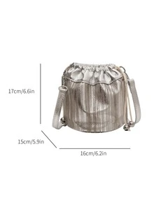 1pc Fringe Decor Metallic Shimmer Drawstring Crossbody Bag - Silver - View 6
