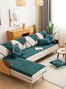 1pc Plain Sofa Cushion, Modern Simple Plush Anti-slip Wrinkle-resistant Couch Cover Suitable For Living Room Home Use - Green - View 1