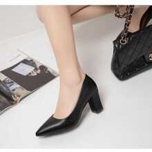 新款韩版简约时尚尖头粗跟低帮女鞋，秋季 - 黑色 - 查看 1