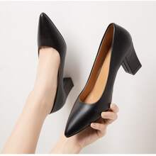 新款韩版简约时尚尖头粗跟低帮女鞋，秋季 - 黑色 - 查看 2