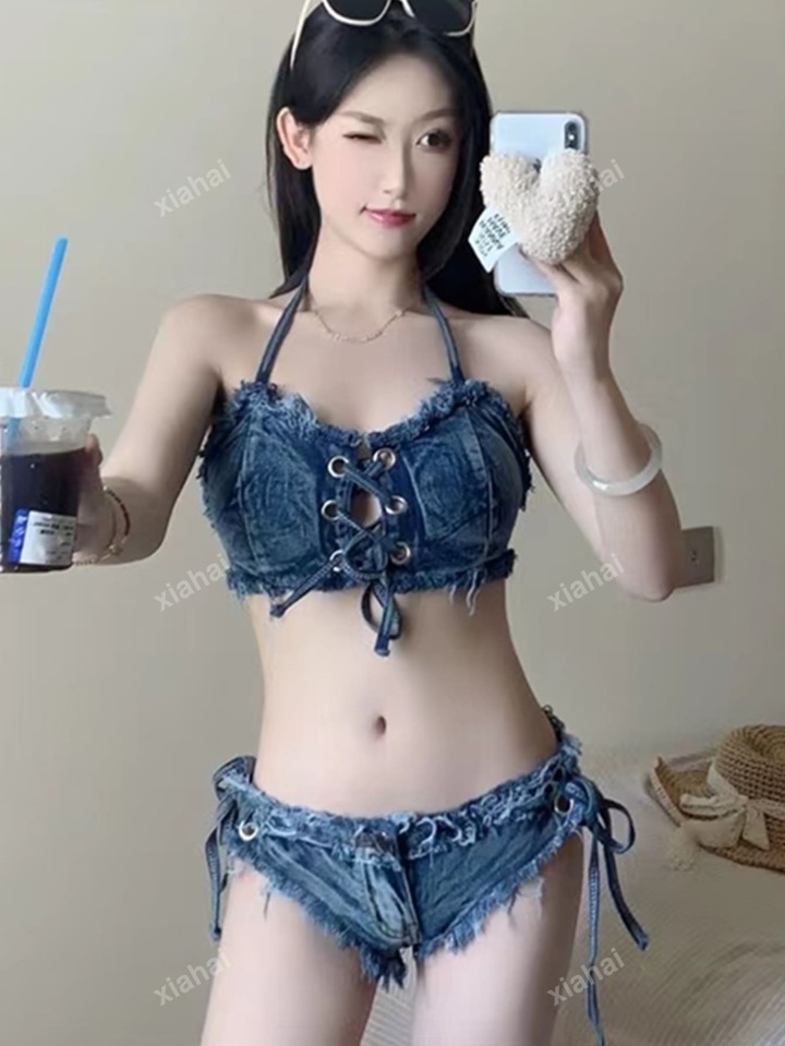 デニム風 ラップビキニ セット ネックホルターデザイン | SHEIN