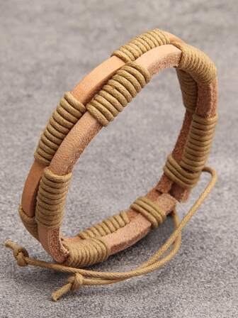 1入組卡其色雙層PU皮革編織手鏈適合男士,簡單設計